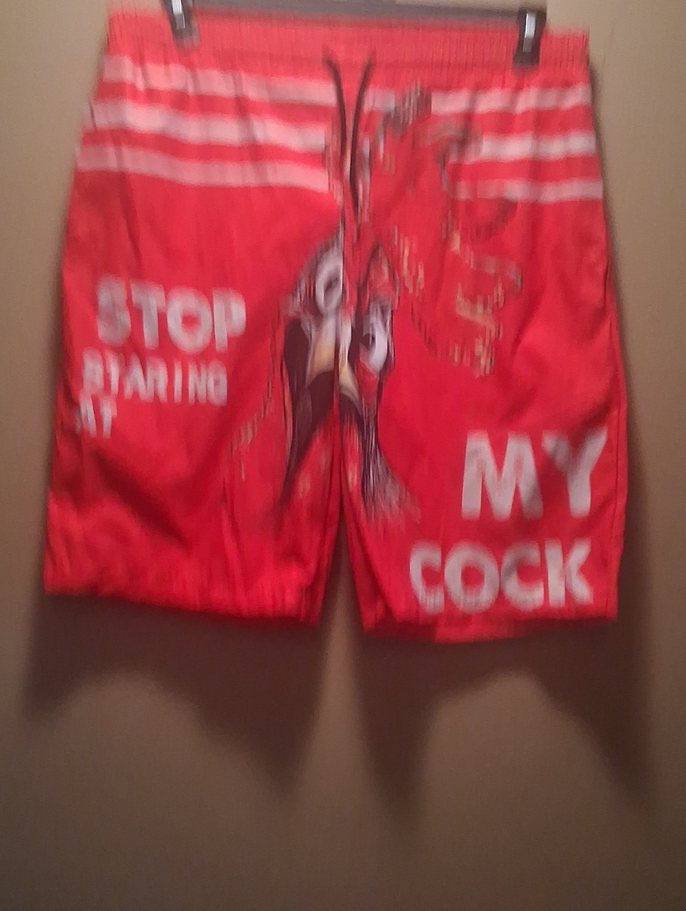Red Graphic Swim Shorts with Rooster Print